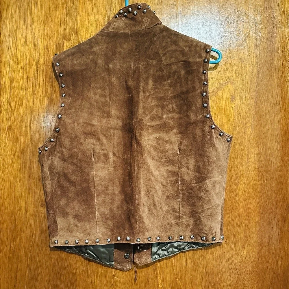 Vintage Arella Leather Gilet Sued Studded Beige Womens Wooden Accents Sz Small - Picture 2 of 9
